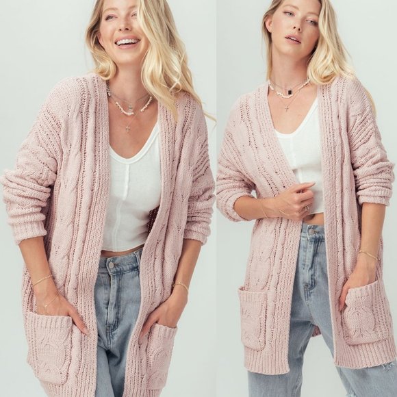 Love Tree Sweaters - NEW Chunky Cable Rib Knit Open Front Long Cardigan